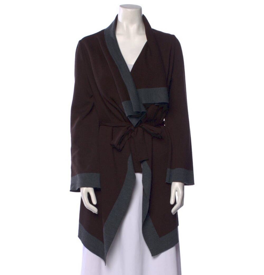 St John Draping Cascade Belted Open Wrap Cardigan Brown Gray Size P EUC